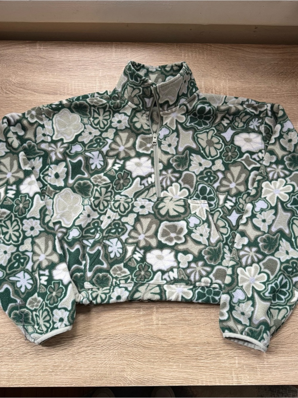 Aritzia TNA Fleece Quarter Zip Pullover Jacket Green Floral Print Small